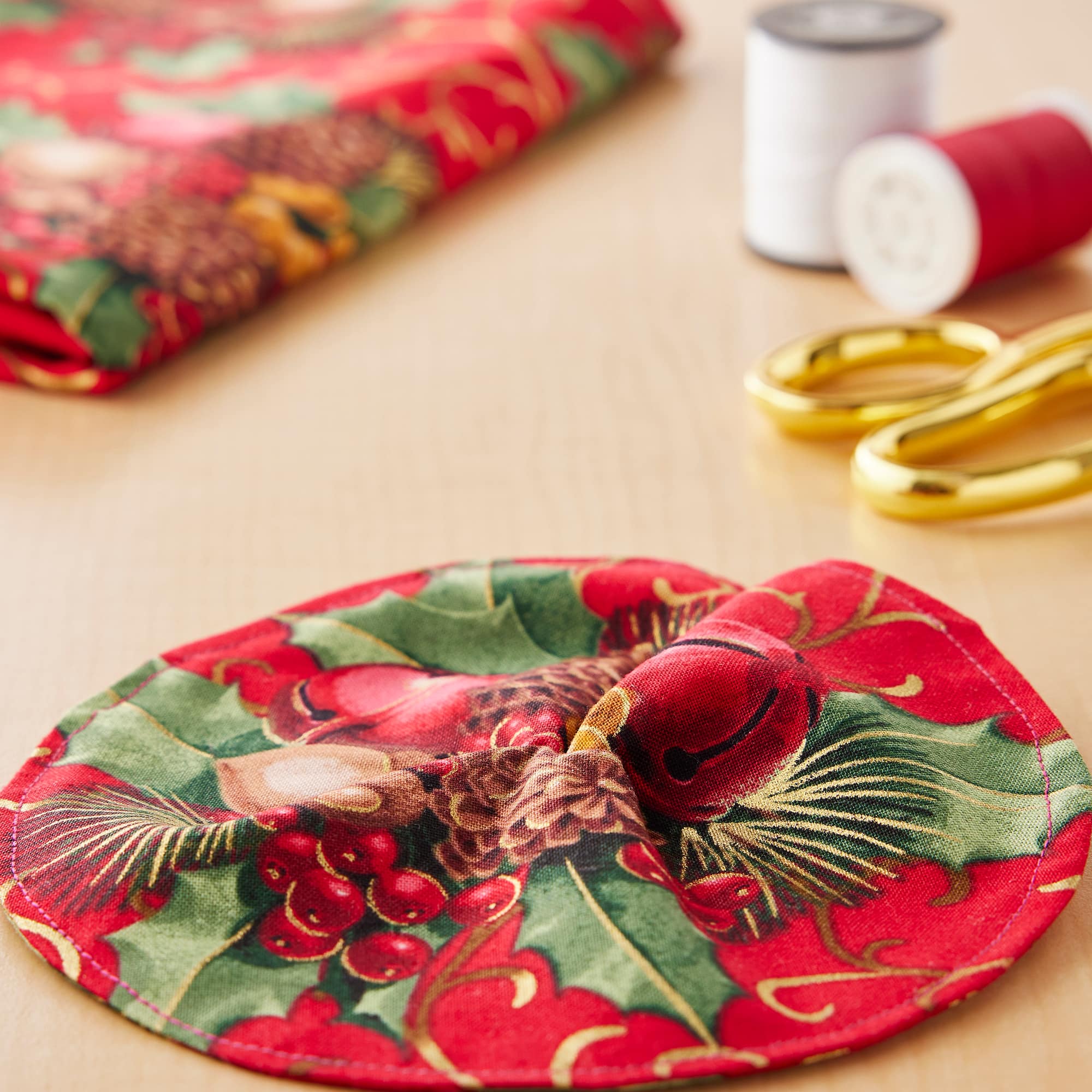 Fabric Traditions Christmas Red Glitter Berries & Bells Cotton Fabric